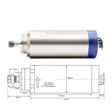 1.5kW ER11 Air Cooled CNC Spindle with 80mm Shaft and 4 Bearings, Aluminum Housing, Diagram and Dimensions