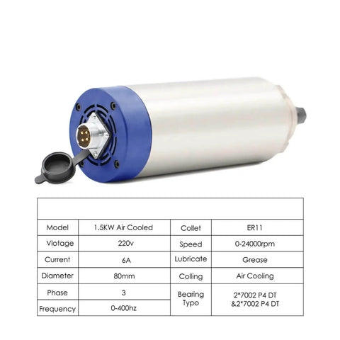 1.5kW ER11 Air Cooled CNC Spindle with 80mm shaft and 4 bearings, shown with specs for 24,000 RPM high-speed router milling.