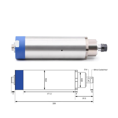 1.5KW ER16 Air Cooled Spindle For Woodworking With 4 Bearings, 24000 RPM, 65x258mm Overall, diagram and front view included