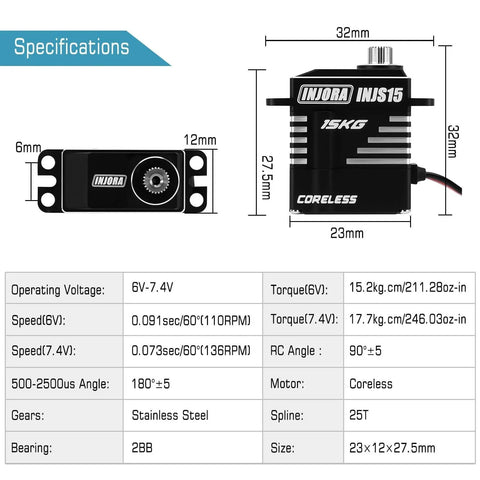 Specifications of 15KG Coreless High Torque Micro Servo for 1/18 1/24 RC Crawler Upgrade with stainless steel gears.