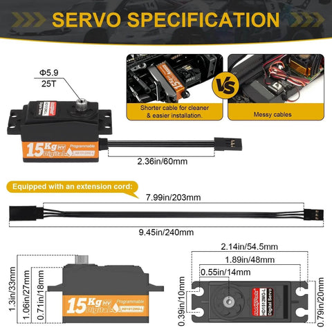 Low Profile Servo 0.07sec Fast Speed Steering Servo 15kg fit 1/10 RC Touring Cars Drift, dimensions and cable shown
