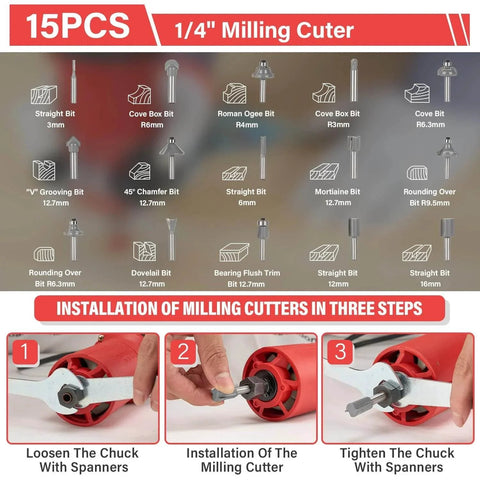 15-piece 1/4 inch milling cutter set with installation steps for 800W Handheld Wood Router Kit With 31000 RPM And 15 Piece 1 Quarter Inch Bit Set