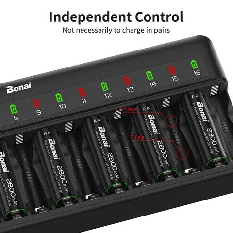 Close-up of 16 Bay AA AAA NiMH Battery Charger with Independent Channels and LED Indicators showing charging progress.
