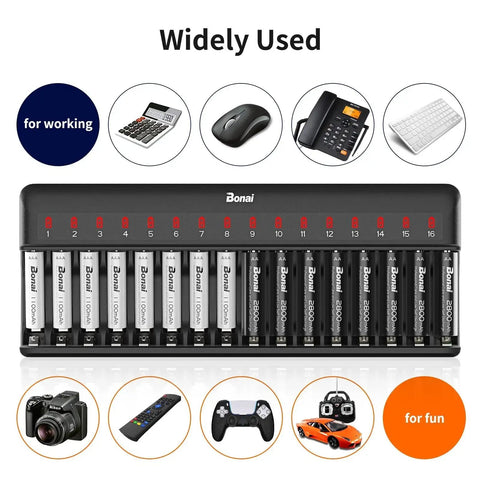 16 Bay AA AAA NiMH Battery Charger With Independent Channels And LED Indicators, shown with various electronic devices.