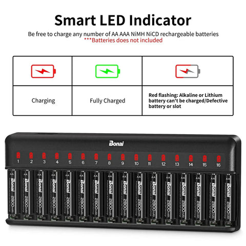 16 Bay AA AAA NiMH Battery Charger With Independent Channels And LED Indicators, showing charging status lights