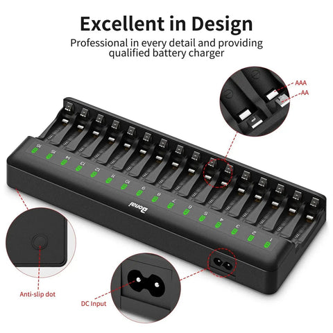 16 Bay AA AAA NiMH Battery Charger With Independent Channels And LED Indicators, showing charging slots and LED lights.