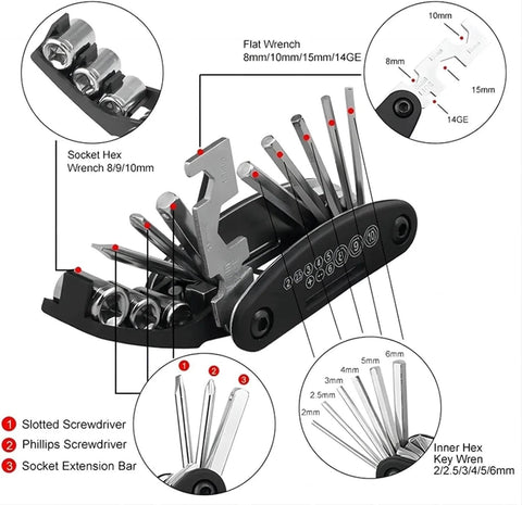 Image of a 16-In-1 Bike Multitool For Quick Fixes, Portable Bicycle Repair Kit displaying various tools like hex and socket wrenches.