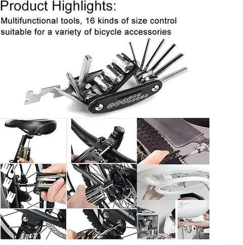 16-In-1 Bike Multitool For Quick Fixes, Portable Bicycle Repair Kit with hex keys, screwdrivers, socket wrenches, and more.