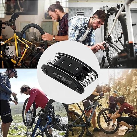 16-In-1 Bike Multitool For Quick Fixes, Portable Bicycle Repair Kit with hex keys, screwdrivers, socket wrenches shown in use