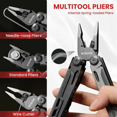 16 In 1 Stainless Steel Multitool Pliers With Adjustable Hex Wrench And Damascus Pocket Knife showcasing needle-nose pliers, standard pliers, and wire cutter.