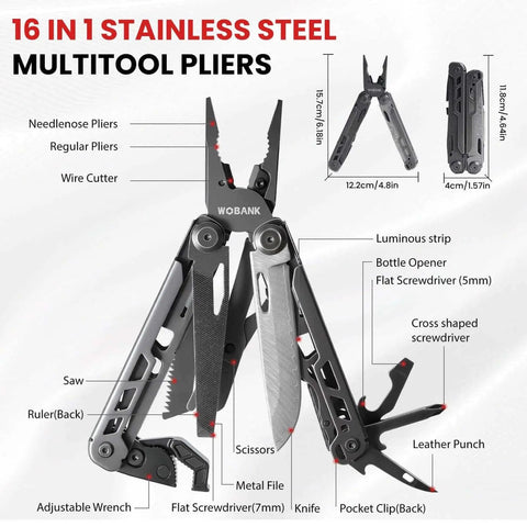 16 In 1 Stainless Steel Multitool Pliers With Adjustable Hex Wrench And Damascus Pocket Knife for outdoor use, shown with labeled tools.