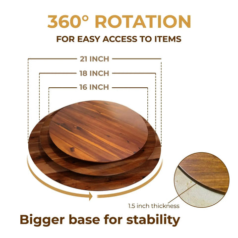 16 Inch Acacia Wood Turntable Organizer For Tabletop Cabinets And Pantries Lazy Susan Rotating Tray with size comparison, 360-degree rotation
