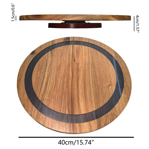 16 inch large lazy susan turntable made from acacia wood and resin, top view of charcuterie board with black accent.