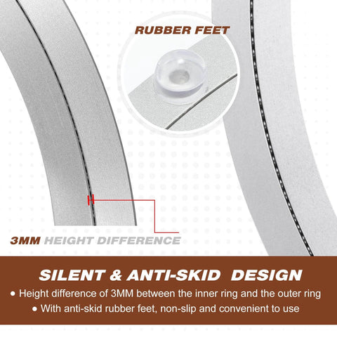 Close-up of aluminum turntable showing rubber feet and 3mm height difference for 2 Pack 16 Inch Aluminum Lazy Susan Turntable Bearings.
