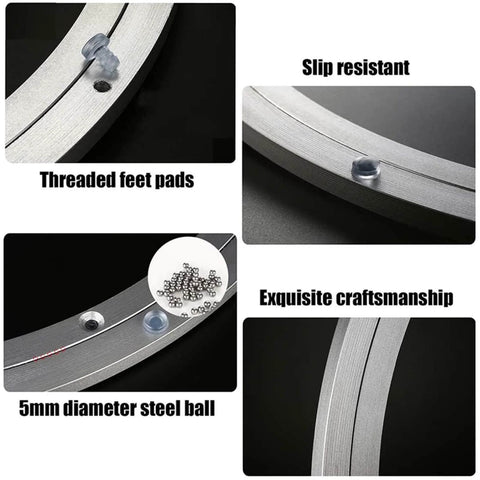 Close-up details of 16 Inch Aluminum Lazy Susan Turntable Bearing, heavy duty swivel round rotating plate with non-slip feet and steel balls