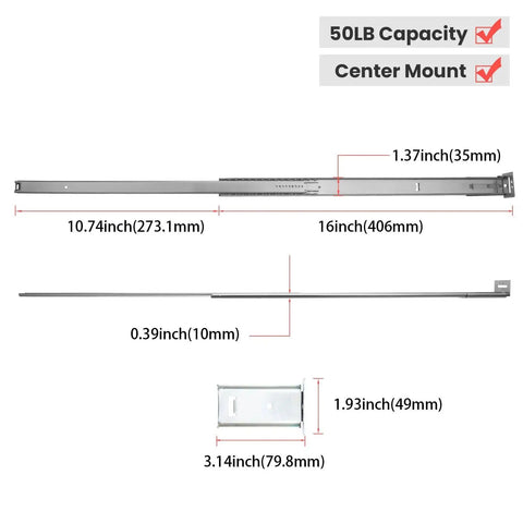 Five Pack 16 Inch Heavy Duty Center Mounted Bottom Drawer Slides With Quiet Ball Bearings Three Quarter Extension Zinc Plated Steel For Cabinets And Dressers Smooth Silent Operation dimensions