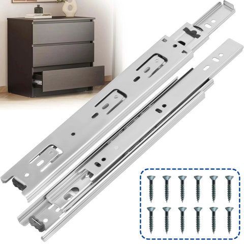 16 Inch Drawer Slides 1 Pairs (2pcs) Heavy Duty Full Extension Ball Bearing, Side Mount Drawer Rails with screws shown next to a dresser