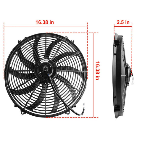 16 Inch Electric Radiator Cooling Fan 3000 RPM, 12 Volt Reversible Cooling Fan With Thermostat Wiring Switch Relay Kit, front and side view