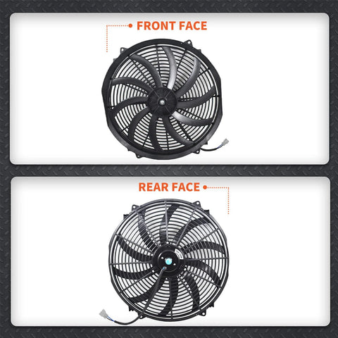16 Inch Electric Radiator Cooling Fan 3000 RPM, 12 Volt Reversible Cooling Fan With Thermostat Wiring Switch Relay Kit, front and rear view