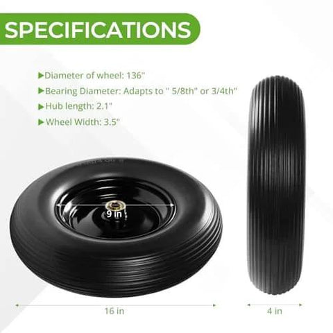 16 Inch Flat Free PU Tire 2 Pack heavy duty solid polyurethane replacement wheels with reinforced steel hubs close-up view.