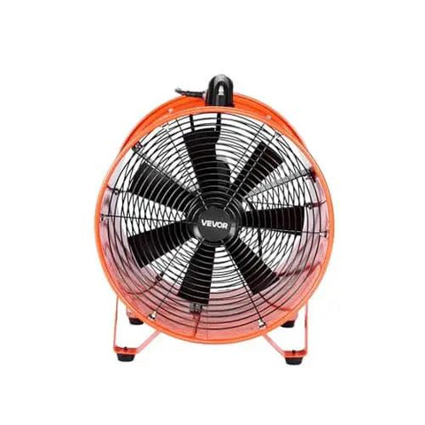 Front view of Heavy Duty 16 Inch Utility Blower Fan With Two Speeds Delivers Beastly 5175 CFM At High And 4475 CFM At Low Portable Industrial Exhaust Ventilator With 33 Feet Duct Hose For Basements Warehouses And Workshops, showing fan blades inside a protective orange housing.