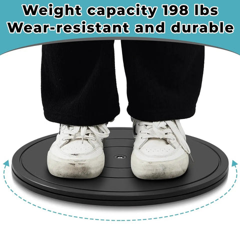 Person standing on 2 pack 16 inch lazy Susan turntables with 360 degree rotation heavy duty rotating stands featuring steel ball bearings