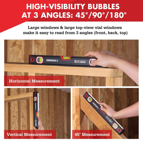 Collage showing 16-Inch Magnetic Torpedo Level With 3 High-Visibility Vials For 45 90 And 180 Degree Readings in use for measurements
