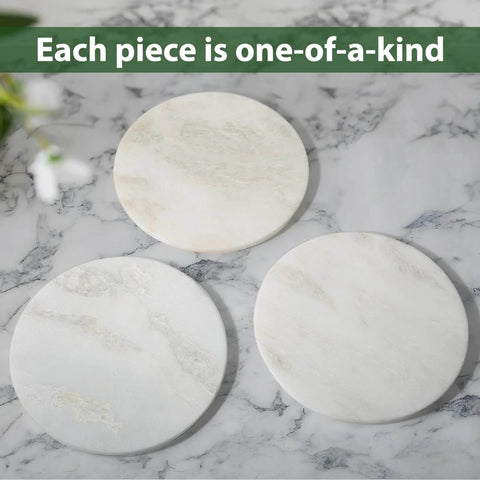 Close-up of three unique 16 inch marble lazy susan turntable organizer made from natural stone, rotating trays for kitchen.