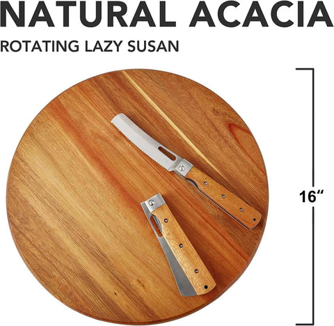 16 inch acacia wood lazy susan cabinet organizer, solid wood rotating turntable tray with knife on top.