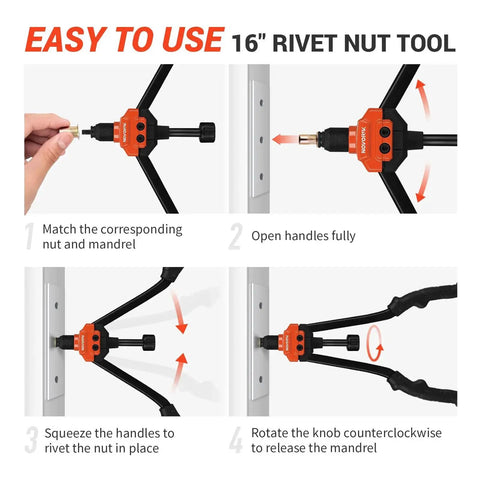 Installation guide for Rivet Nut Tool Kit 16 Inch Pro Grade Set showing step-by-step usage instructions on a metal surface.