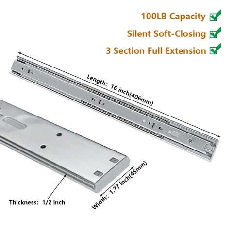 16 Inch Heavy Duty Soft Close Drawer Slides 1 Pair Full Extension Ball Bearing Glides 3 Fold Side Mount Cabinet Rails