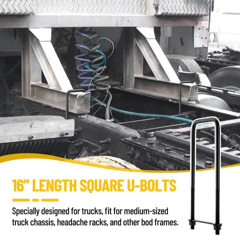 Complete 16 inch square bend U bolts kit in heavy duty steel with 6 inch tie plates, includes 4 U bolts, truck chassis installation