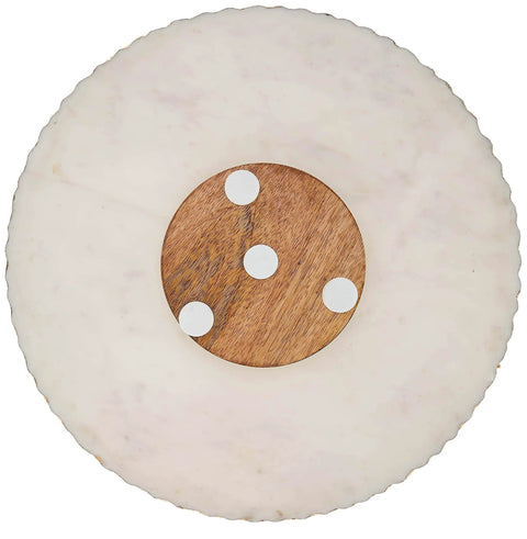 Top view of 16 inch white marble lazy susan with gold edge, polished stone rotating turntable featuring a gold foil accent for tables.