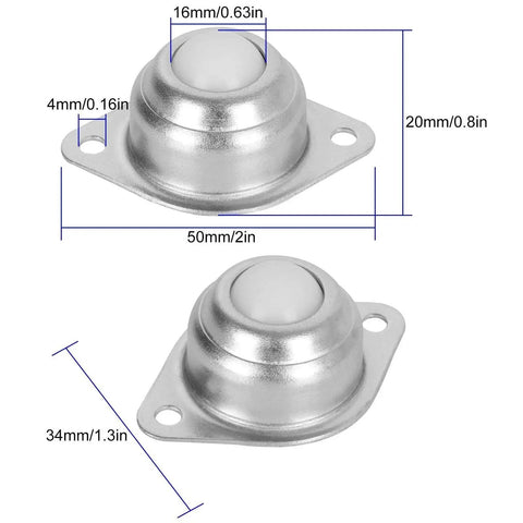 Dimensions of 16 Pack 5/8 Inch Nylon Ball Transfer Bearing Units with 360 Degree Rotation and stainless steel base.
