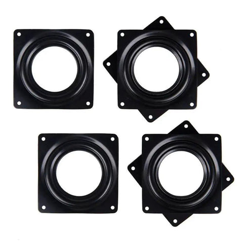 Set of four 4-inch black coated steel lazy Susan turntable bearings on white background, part of 16 Pack 4 Inch Lazy Susan Turntable Bearings 5/16 Inch Thick Swivel Plate For Serving Trays Kitchen Cabinets Craft Projects And Makeup Holders Durable Rust Resistant Steel Black Coated For Smooth 360 Degree Rotation.