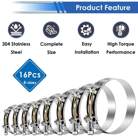 16 Pack T Bolt Hose Clamps 28 to 91mm Working Range For 3 Quarter To Three Inch Hose ID 8 Sizes 304 Stainless Steel