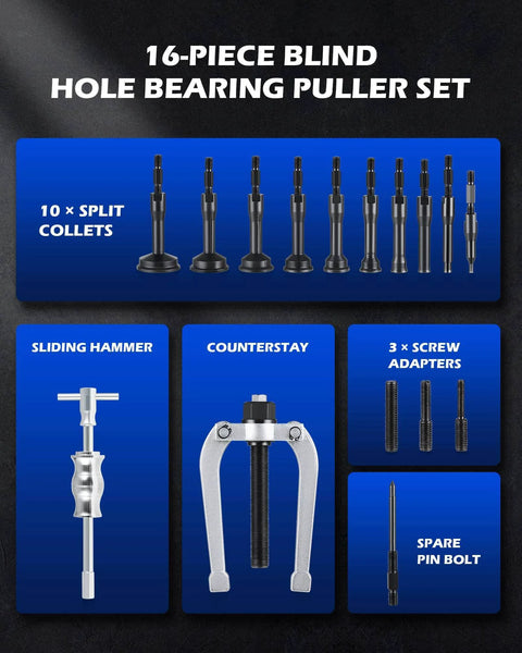 Blind Hole Collet Bearing Race and Seal Puller Extractor Kit, Slide Hammer Pilot Insert Inner Bearing Removal Tool Set, 16 Pieces.