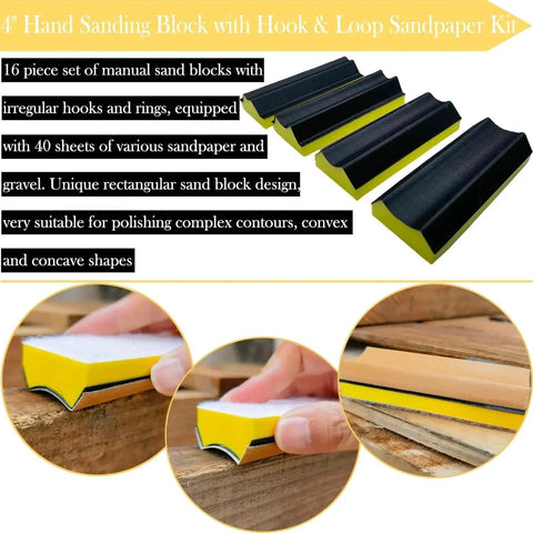 16 Piece Contoured Sanding Block Set With Interchangeable Convex Concave Shapes, shown with black foam blocks and yellow sides