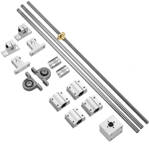 16 Piece 150mm Linear Motion Set with 8mm rods, lead screw, SK8 supports, SCS8UU bearings, KP08 pillow blocks, and flexible couplings