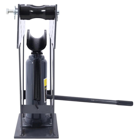 Front view of 16 Ton Manual Hydraulic Pipe Bender With Eight Dies For One Half To Three Inch Pipes, heavy-duty steel frame, gray.