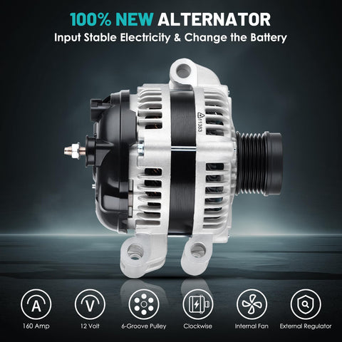 Side view of 160A 12V 6-Groove Car Alternator Replacement For Chrysler 300 2008-2012, Dodge Challenger 2008-2010, Charger 2008-2013, And Magnum 2008 With CW Rotation, High Output Ready To Roll