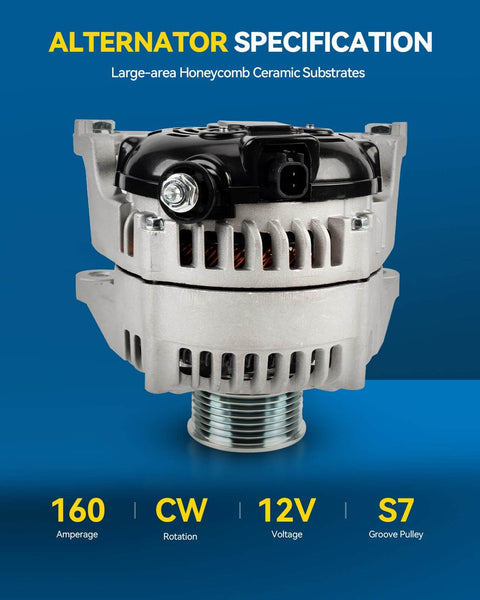 Front view of 160 Amp 12V alternator for 2007-2008 Chrysler Aspen, Dodge Durango, Ram with CW S7 7-Groove Pulley