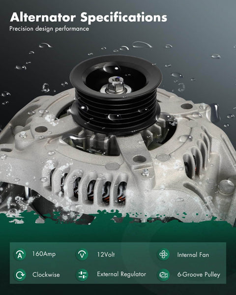 Close-up of Beefed Up 12V 160Amp Alternator Replacement Fits Chrysler 300 5.7L 2011 to 2023 alternate specifications.