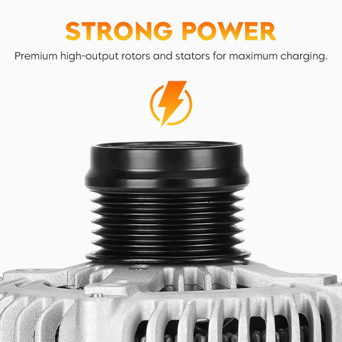 Close-up of 160 Amp Alternator For 3.6L V6 Vehicles 2011 2017 showing pulley and charging components with strong power text