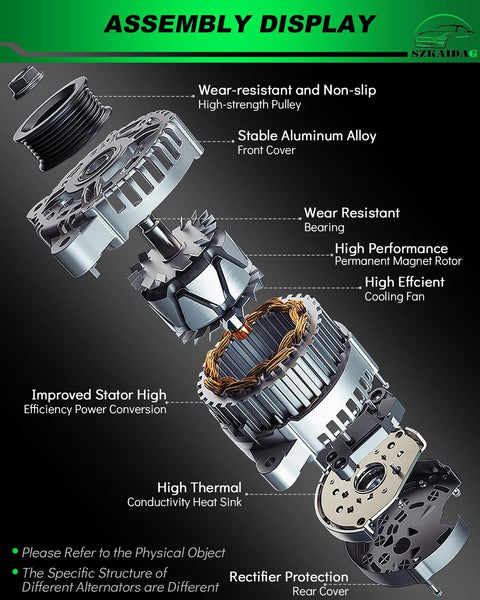 Exploded view of Upgraded 160 Amp Alternator For Chrysler Town And Country Dodge Grand Caravan Journey Ram C V 3.6L V6 Flex Gas 2011 2018 04801624AD 68272108AA All New Guaranteed showing internal components.