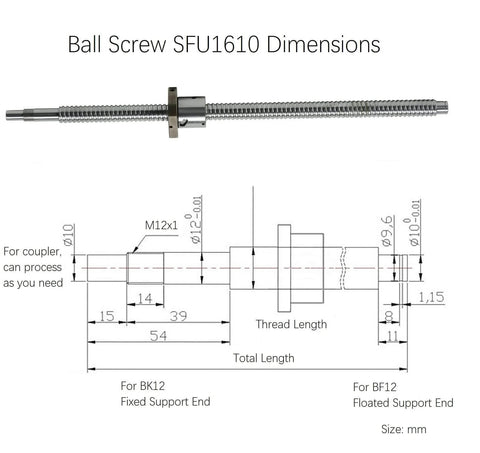 Diagram of 1610 Linear Motion CNC Ball Screw with Anti Backlash Nut, Coavoo SFU1610 300mm / 11.81 inch 16mm Ballscrew