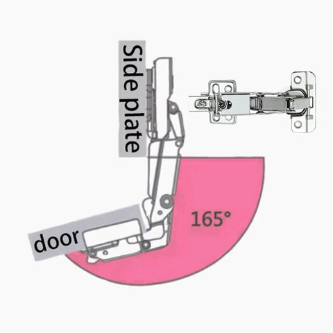 Diagram of 2 pcs 165 degree soft close fully covered frameless cabinet hinge for corner cabinets, showing side plate and door angle
