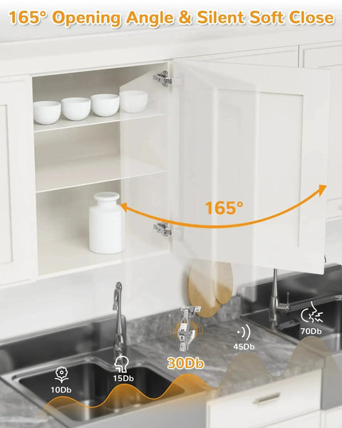 Open kitchen cabinet showing 165° angle with Two Pair 135 Degree and 165 Degree Corner Cabinet Hinges Kit for Pie Corner Cabinets.