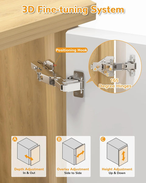 3D adjustment diagram of 2 Pack 165 Degree Soft Close Kitchen Corner Hinges demonstrating overlay, depth, and height adjustments.