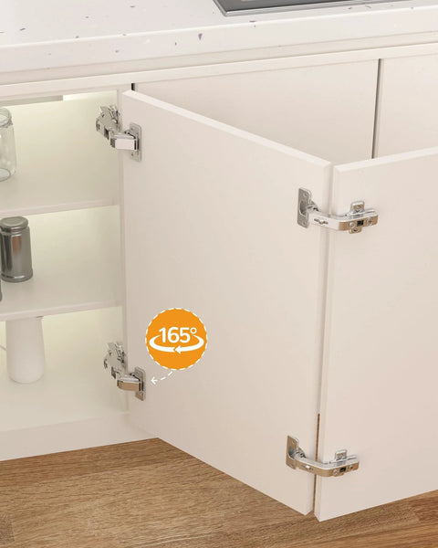2 Pack 165 Degree Soft Close Kitchen Corner Hinges For Face Frame Cabinets with Clip On Plate, showing full door opening.
